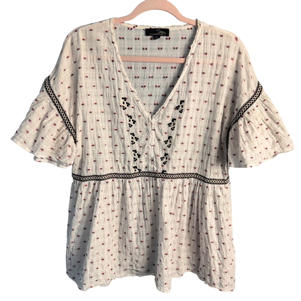 Suzanne Betro White Cotton Gauze Embroidered Babydoll Blouse XL Cotton Top